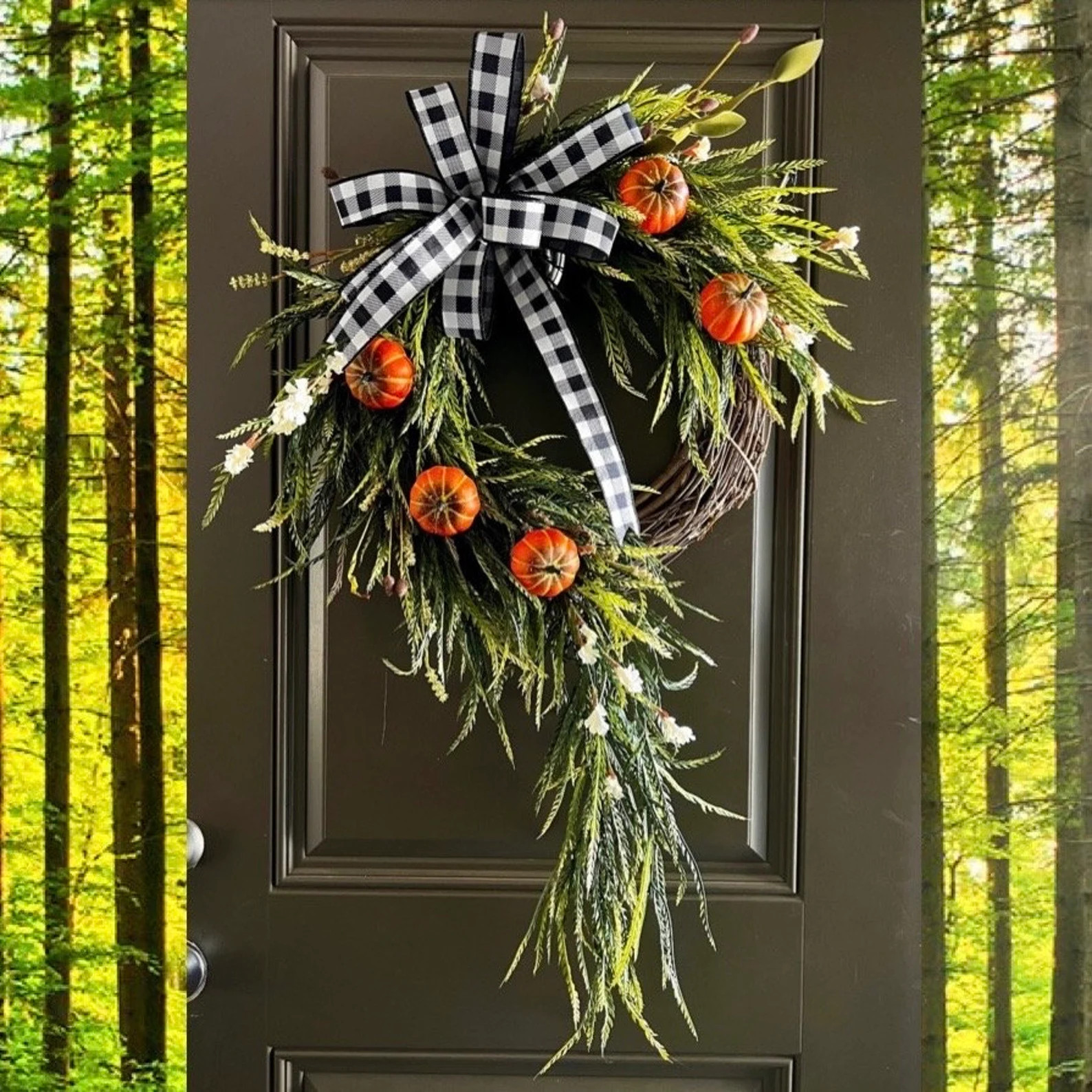 Cascading Greenery White Pumpkin Fall Grapevine Wreath, Etsy Wreaths for Fall, Halloween Outdoor ... | Etsy (US)