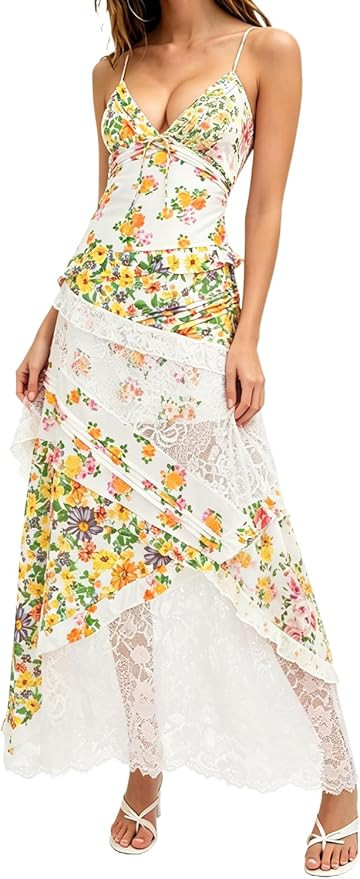 Womens Floral Lace Maxi Dress Spaghetti Straps V-Neck Backless Sexy Ruffle Tiered Boho Beach Sund... | Amazon (US)
