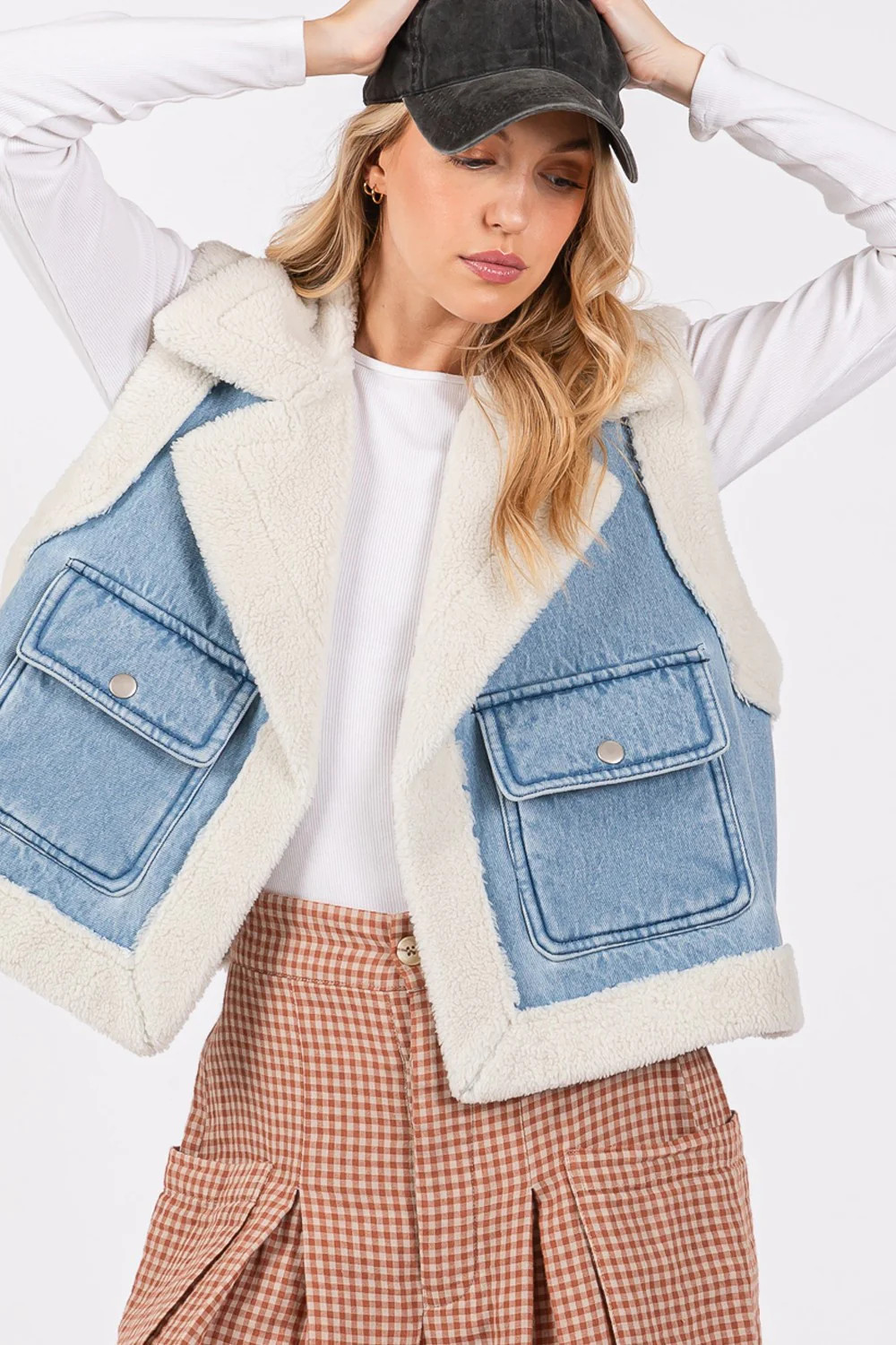 SAGE + FIG Pocketed Collared Neck Sherpa Vest Denim Blue / S/M | Casual Chic Boutique