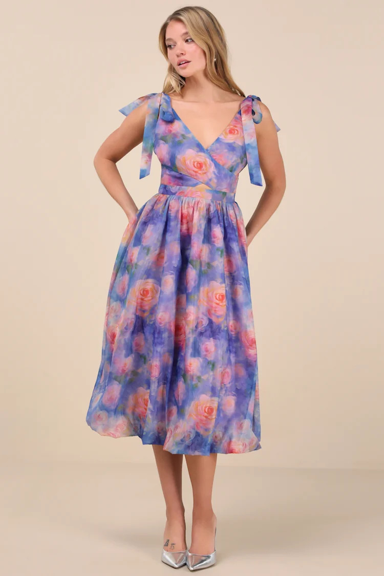 Flowering Day Dream Purple Floral Organza Midi Bubble Dress | Lulus