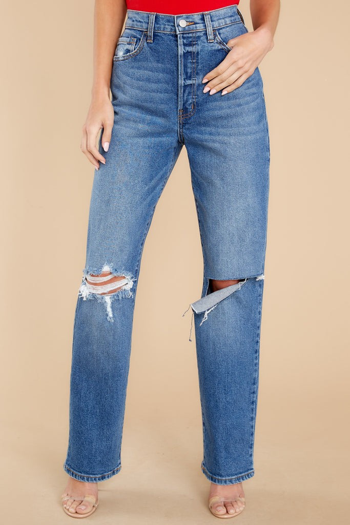 Strike Back Medium Wash Distressed Straight Jeans | Red Dress 