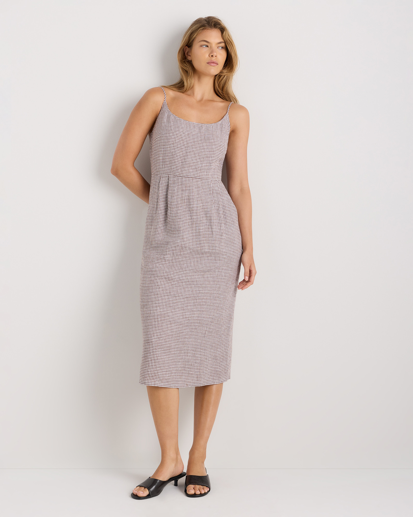 Quince | Women's 100% European Linen Scoop Neck Midi Dress in Taupe Brown Gingham, Size XL | Quince