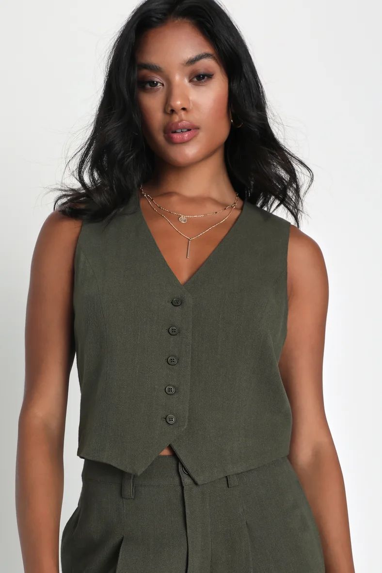 Suits You Perfectly Olive Green Linen Vest | Lulus