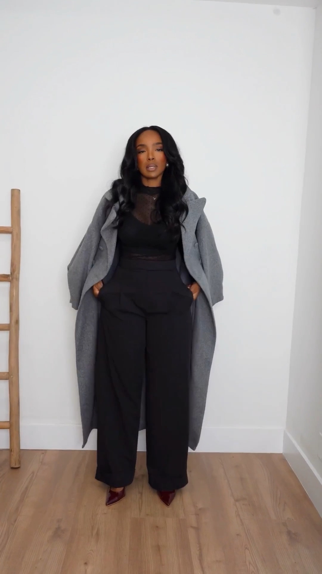 🖤 Effortlessly Polished — A monochrome black base layered with a tailored gray coat creates that clean, elevated look that always feels expensive. Simple, powerful, and endlessly wearable from day to night.

This is one of those outfits that works for so many moments and instantly pulls everything together.

Perfect for workdays, meetings, travel, dinner plans, and chic everyday wear.

📏 Sizing:
• Coat: Size Small  
• Top: Size Small  
• Pants: 27 Long  
• Heels: True to size  
Measurements: 5’4” · 138 lbs · 34D · 27” waist · 40” hips

Monochrome black outfit, gray coat layering, elevated minimal style, chic workwear look, tailored wide-leg pants, polished everyday outfit, modern capsule wardrobe.

Tap to get details and favorite to revisit later.

Follow me on Instagram and YouTube @kirasfashionfinds

#LTKgrwm #LTKootd