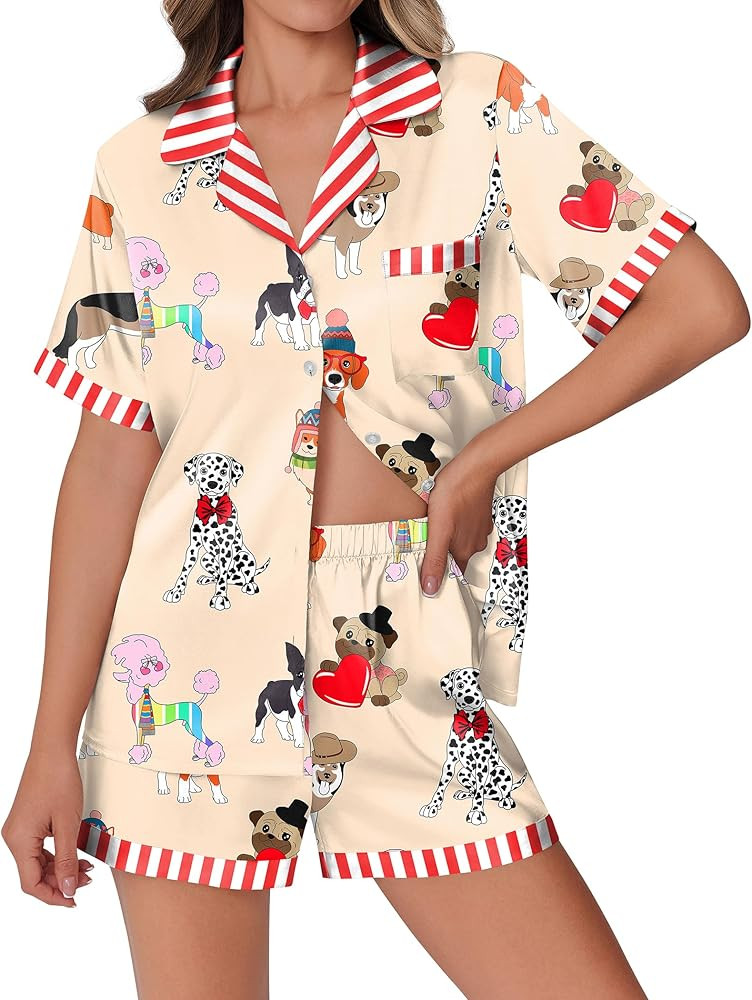 Ekouaer Womens Silk Satin Pajamas Set Animals Print Pjs Button Down Short Sleeve Lounge Set 2 Pie... | Amazon (US)