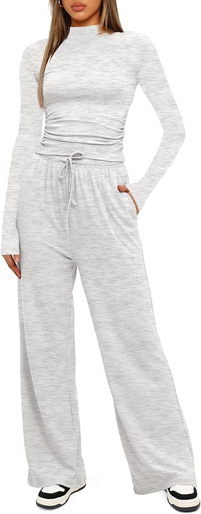 Darong Women's 2 Piece Outfits Lounge Sets Long Sleeve Mock Neck Tops High Wasited Wide Leg Pants... | Amazon (US)