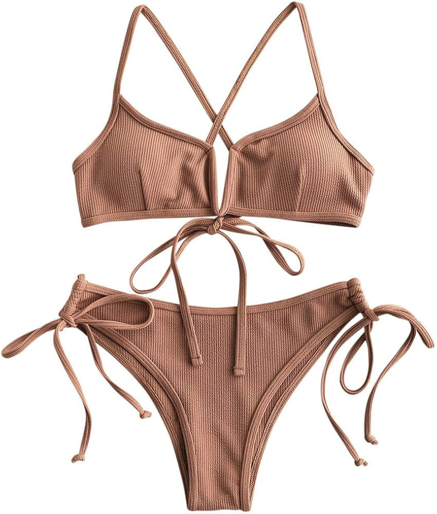 ZAFUL Two Pieces Ribbed Padded V-Wired High Cut Swimsuit for Women Cami Bathing Suit | Amazon (US)