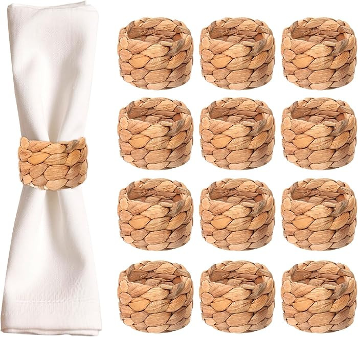 Yolyoo Woven Napkin Rings Set of 12 Water Hyacinth Napkin Rings Natural Rattan Napkin Ring for Th... | Amazon (US)