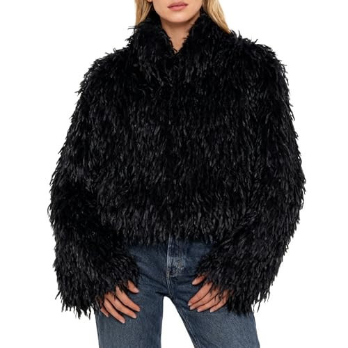 Amazhiyu Womens Fluffy Faux Fur Crop Coat Snap Button Long Sleeve Feather Jacket Black, Medium | Amazon (US)