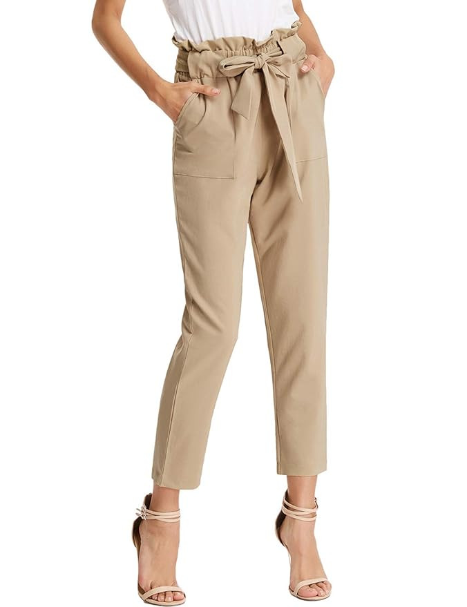 KANCY KOLE Women's Pants Casual Cropped Trousers High Waist Paper Bag Pants with Pockets S-XXL | Amazon (US)