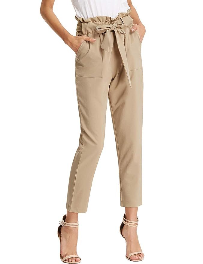 KANCY KOLE Women's Pants Casual Cropped Trousers High Waist Paper Bag Pants with Pockets S-XXL | Amazon (US)