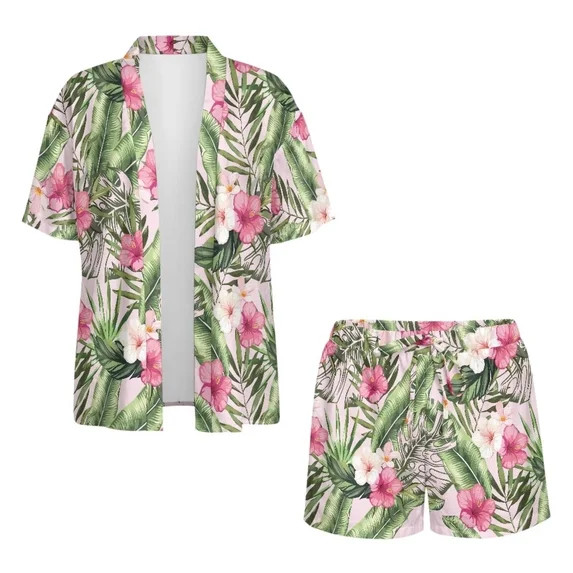 Xoenoiee Tropical Hibiscus Palm Leaves Print Womens 2 Piece Outfits Half Sleeve Shirts and Shorts... | Walmart (US)
