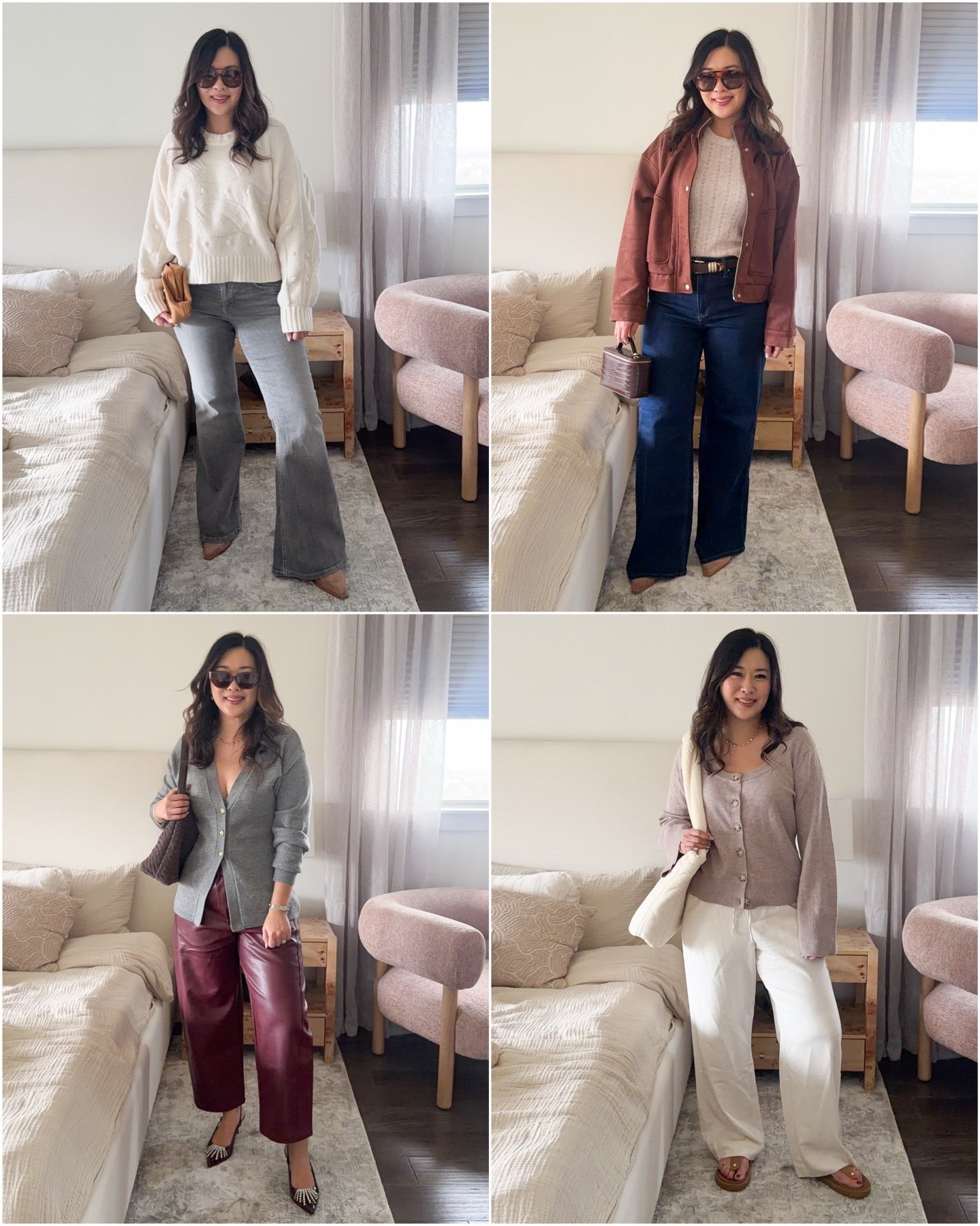 Boujee on a budget outfits from Target!
White Sweater: Large
Grey Flare Jeans: 8
Short Sleeve Top: Medium
Suede Jacket: Medium
Dark Blue Wide Leg Denim: 10
Grey Snatched Top: Small
Faux Leather Pants: Medium
Cardigan Top: Large
White Pull On Resort Pants: Medium 
