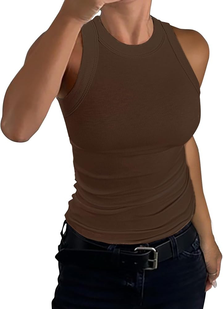 GEMBERA Womens Sleeveless Racerback High Neck Casual Basic Cotton Ribbed Fitted Tank Top | Amazon (US)