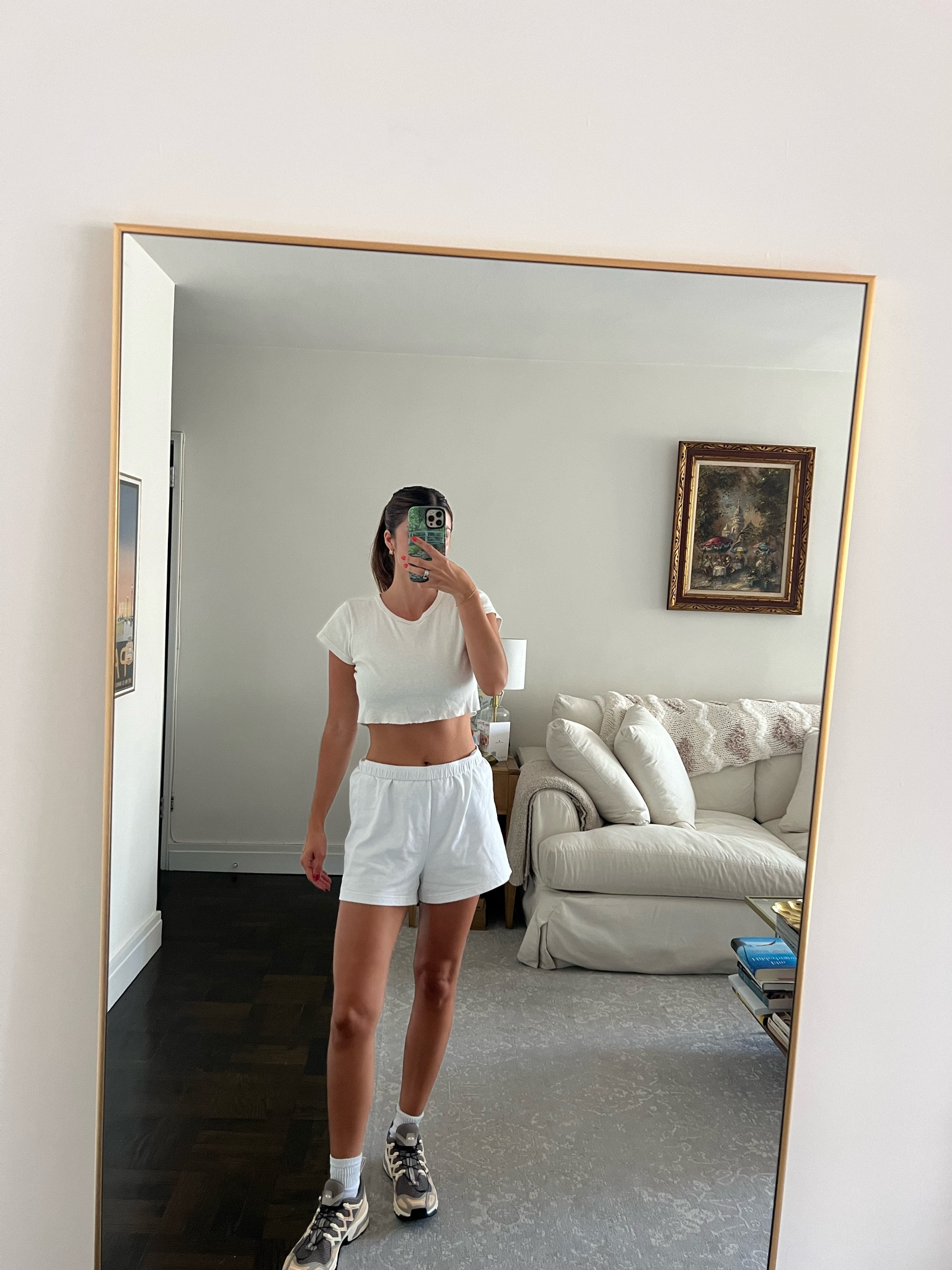 white crop tshirt
white comfy sweat shorts
brown sneakers 

#LTKFindsUnder100 #LTKStyleTip