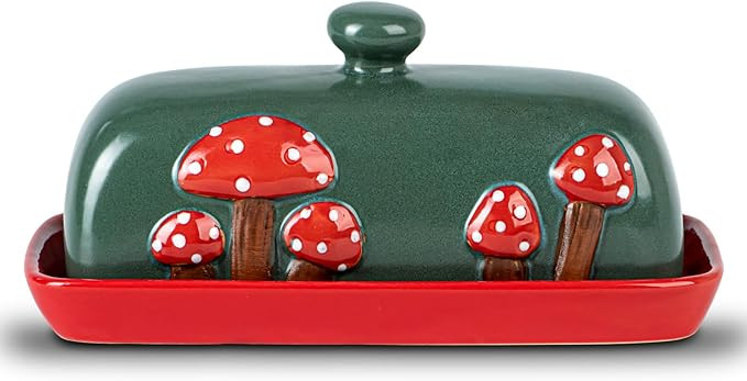 Mushroom Ceramic Butter Dish With Lid for Countertop - Red Container Tray, Large Covered | Amazon (US)