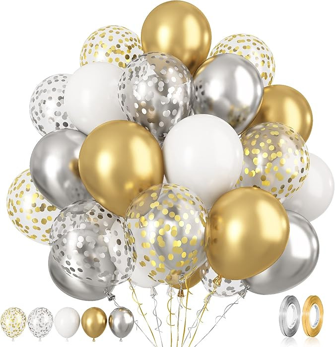 Paready Gold and Silver Latex Balloons, 60 Pcs 12 Inch Metallic Gold Silver and White Confetti Ba... | Amazon (US)