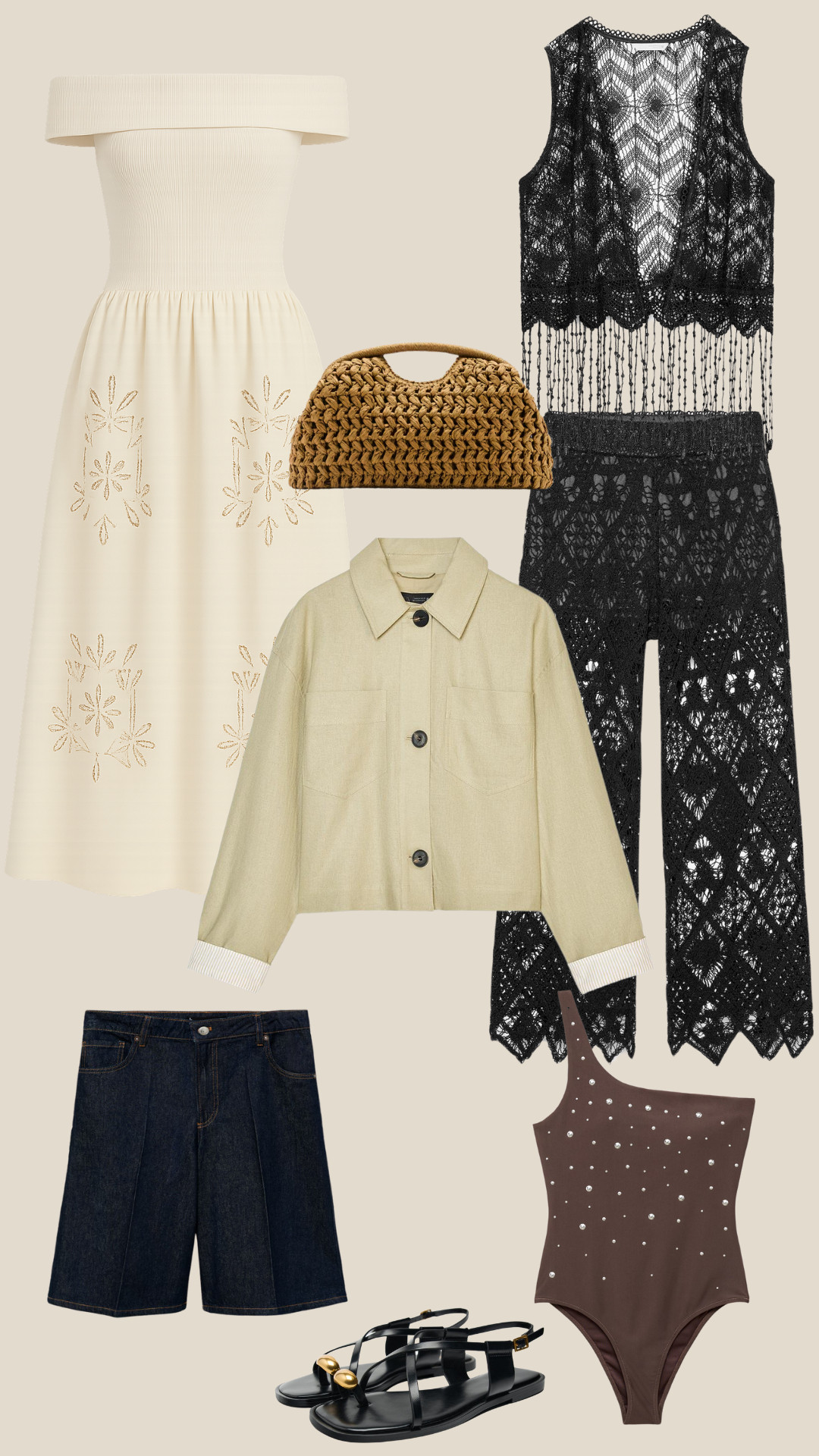Swimsuit, Jorts, Sandals, Jacket, Crochet Trousers, Waistcoat, Top, Zara, Mango 

 #LTKsummer #LTKstyletip