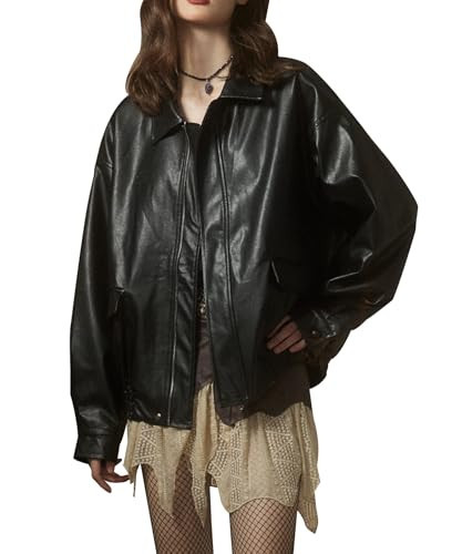 Bakyarder Women's Oversized Y2K Jackets, Leather Faux Motorcycle Side Zip Moto Biker Coat Fall Outfits Vintage Jackets Black Medium | Amazon (US)