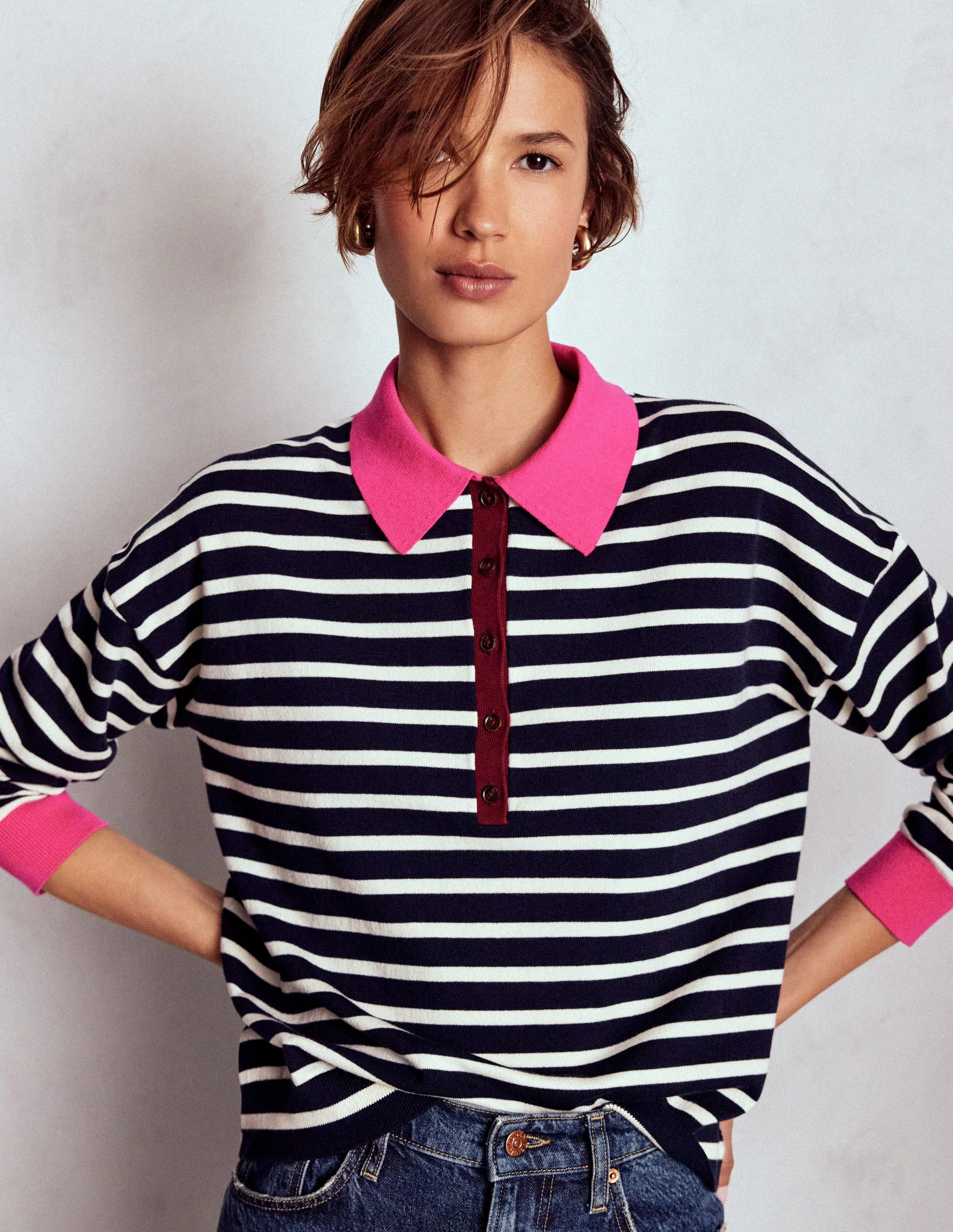 Lara Cotton Henley Jumper-Navy Stripe | Boden (US)