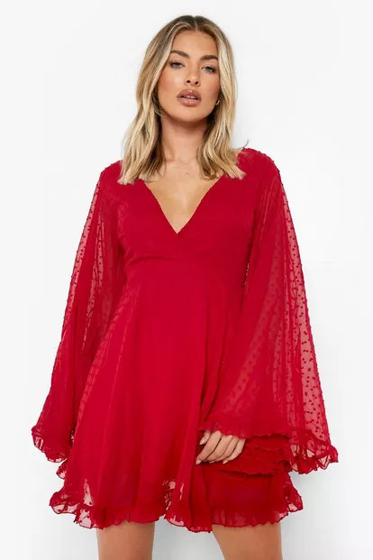 Dobby Chiffon Wide Sleeve Skater Dress | Boohoo.com (US & CA)