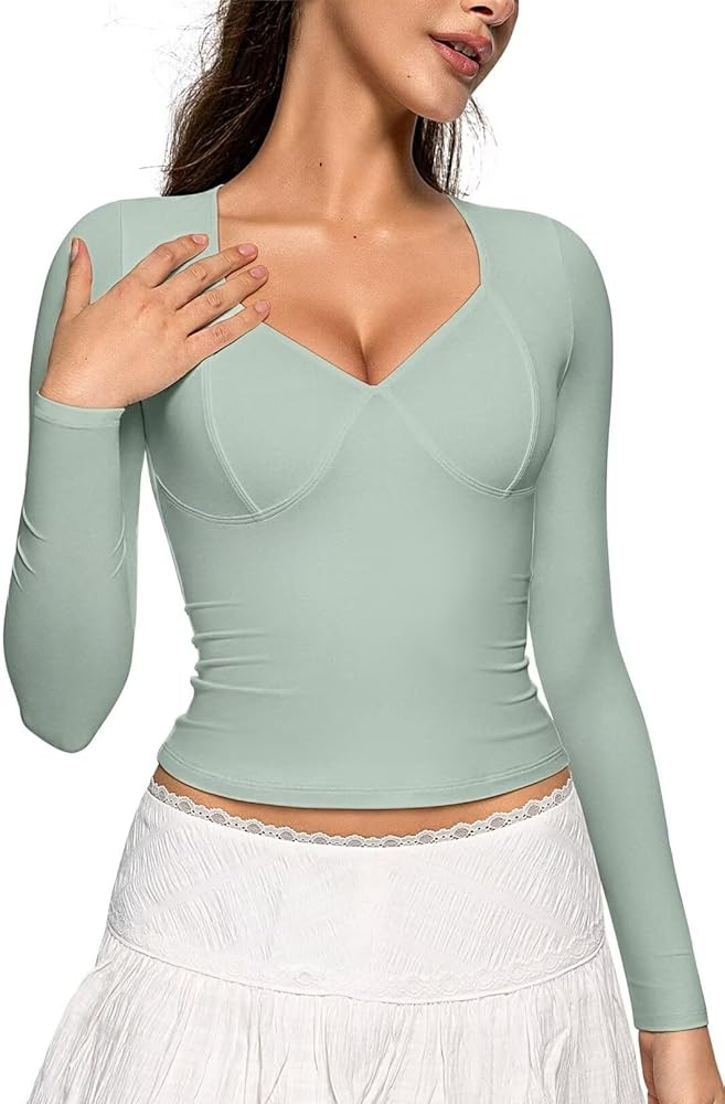 Vertvie Women's Long Sleeve V Neck T Shirts Cute Double Lined Basic Top Slim Fitted Y2k Going Out... | Amazon (US)