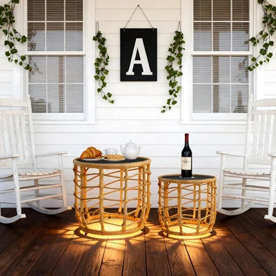 Boho Solar Outdoor Side Table Set Of 2, All-Weather Wicker Nesting Tables With Built-In Lights, Round Waterproof Accent End Table Design For Patio Use | Wayfair North America