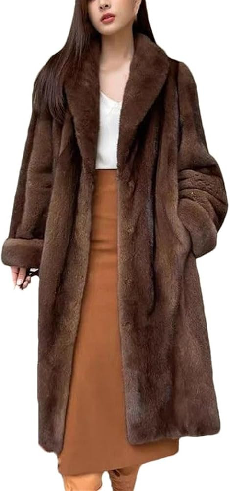 Winter Thick Warm Long Faux Fur Coat Women Long Sleeve Plus Size Fur Coat Lapel Loose Winter Jacket | Amazon (US)