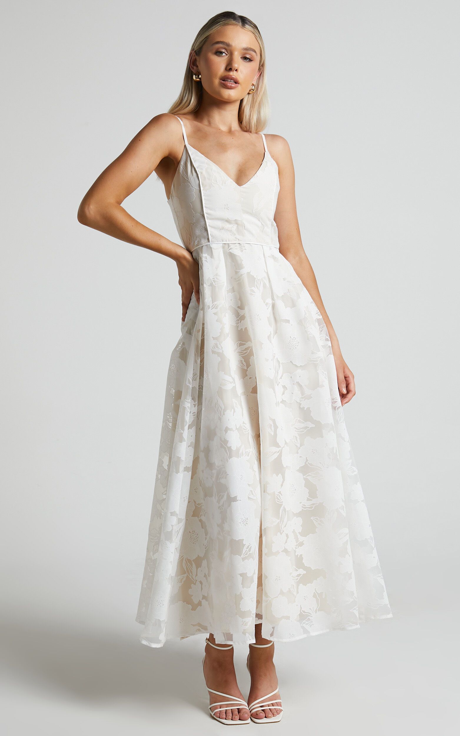 Philine Midi Dress - Plunge Fit and Flare Dress in White | Showpo (US, UK & Europe)