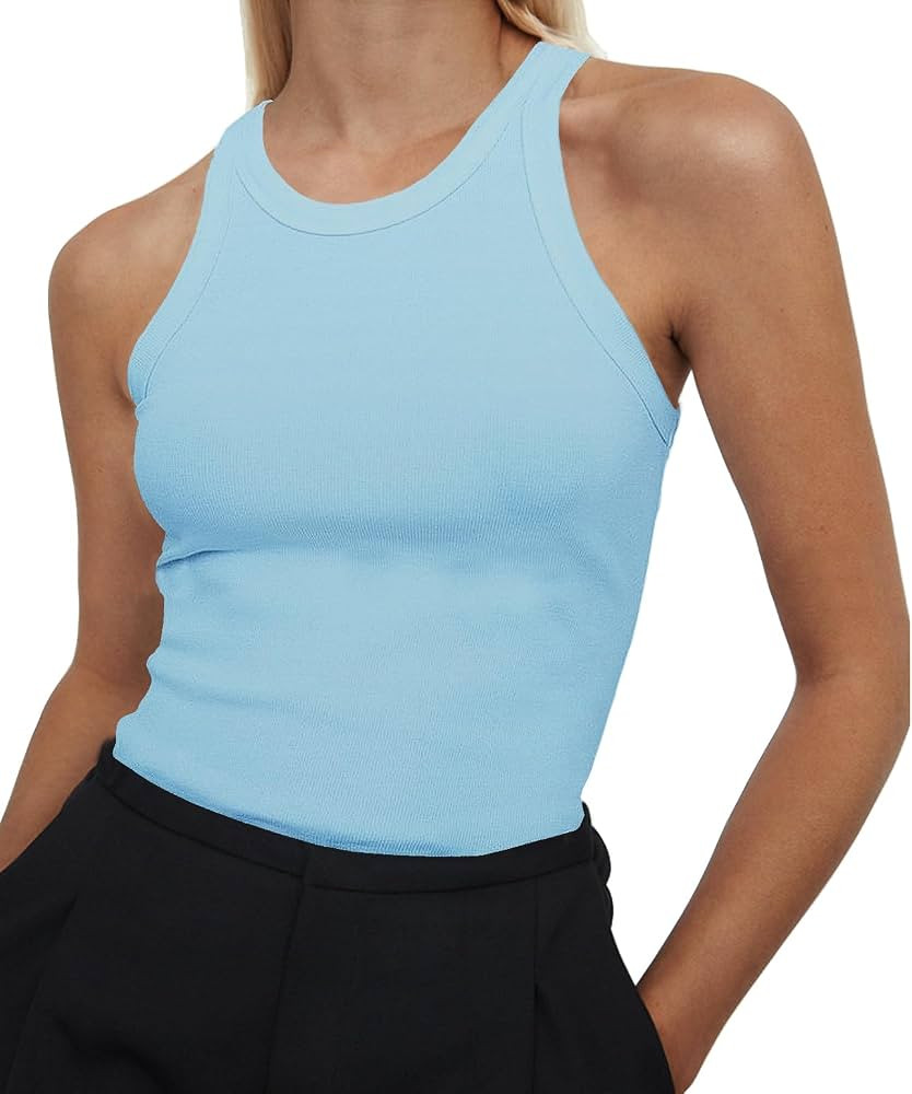 Artfish Women's Sleeveless Full Length Cotton Ribbed Fitted Racerback Crew High Neck Basic Tank T... | Amazon (US)