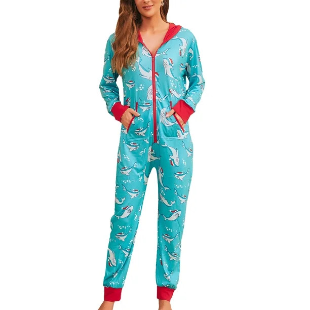 UKAP Women Xmas Cozy Printed Hooded Jumpsuit Pajamas Long Sleeve Zip Up Onesie Homesuit Front Poc... | Walmart (US)