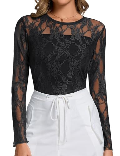 AKEWEI Sexy Sheer Tops Party Mesh See Through Long Sleeve Blouse Going Night Out Double Layering Lace Shirt(Black Floral,M) | Amazon (US)