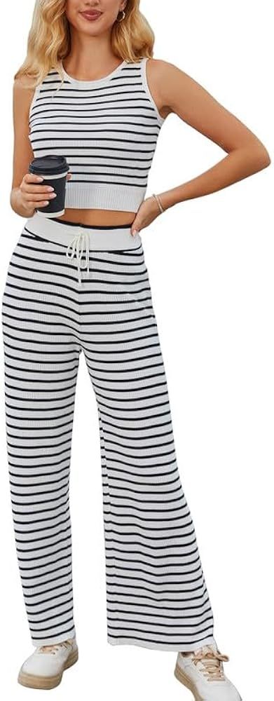 Women's Two Piece Sets 2024 Summer Striped Knit Sleeveless Crop Wide Leg Pant Sets Women 2 Piece ... | Amazon (US)
