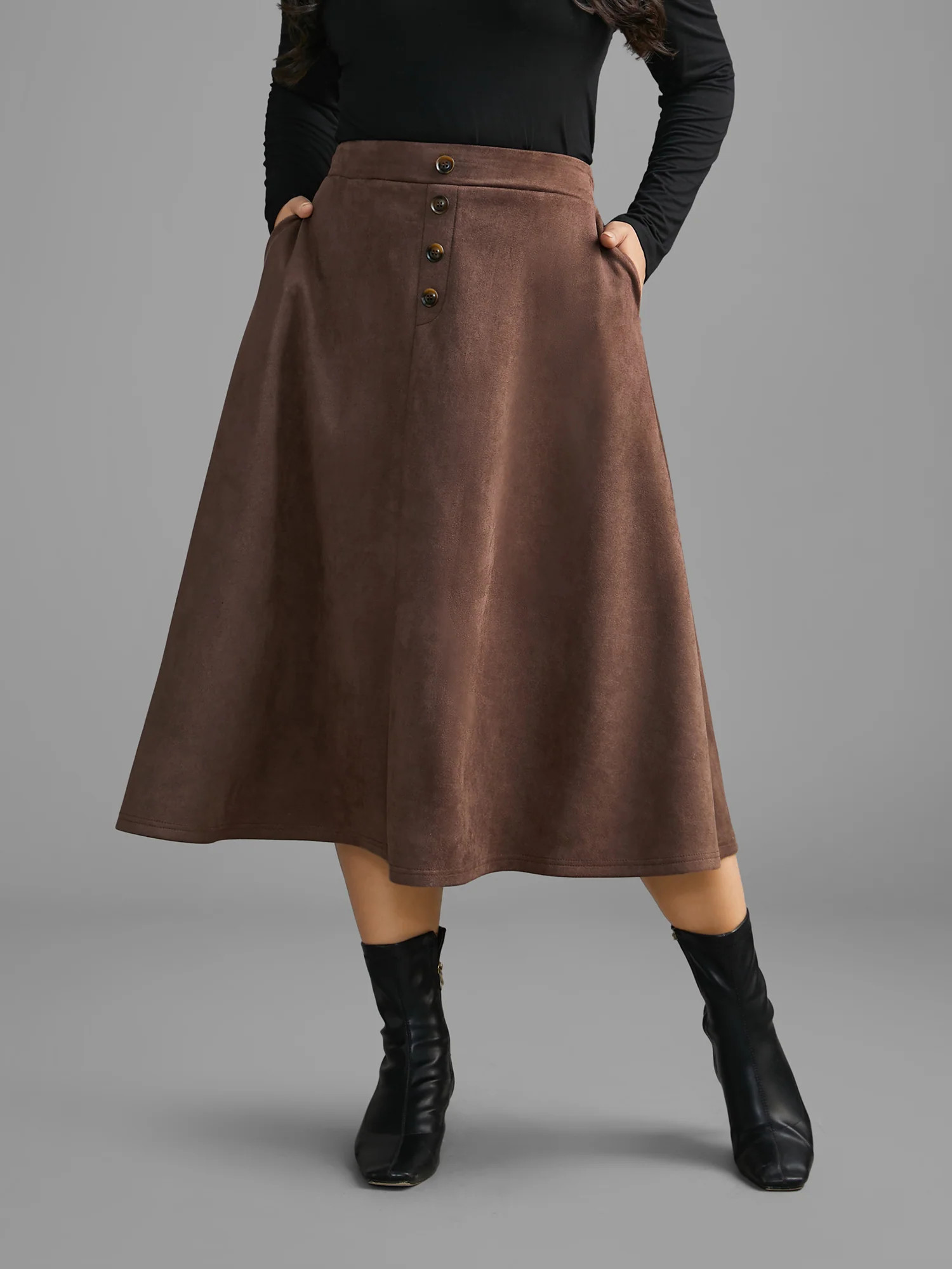 Faux Suede Button Detail Pocket Skirt | Bloomchic