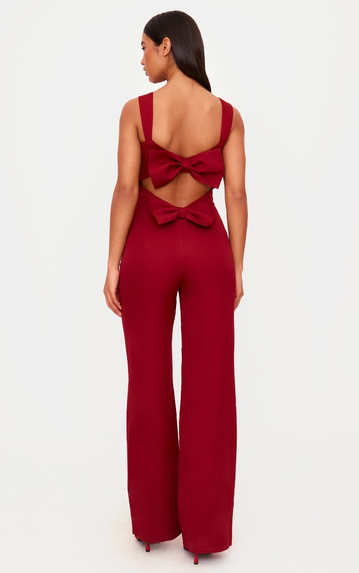 Burgundy Woven Cut Out Bow Detail Jumpsuit | PrettyLittleThing US