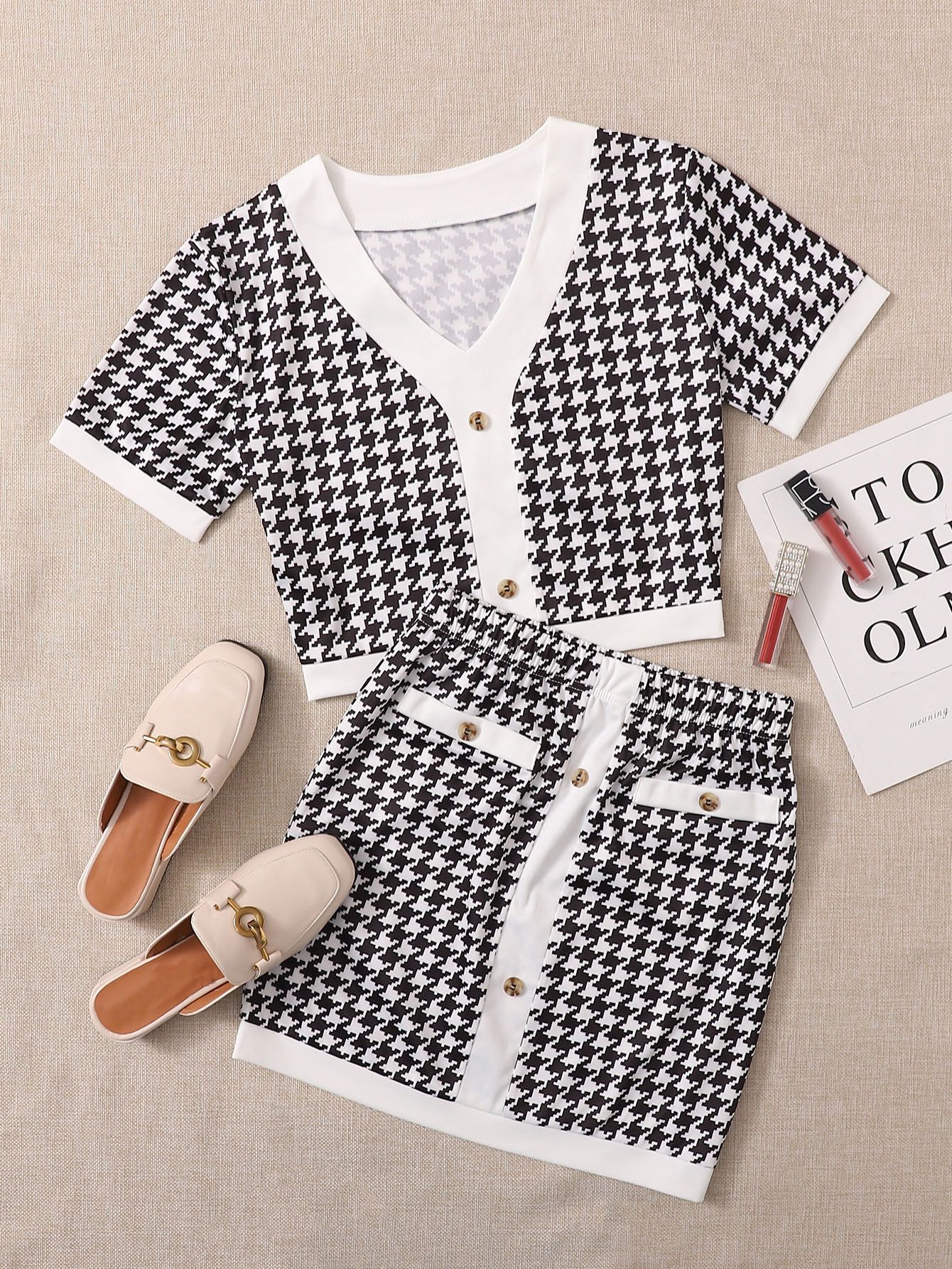 Plus Houndstooth Print Top With Skirt | SHEIN
