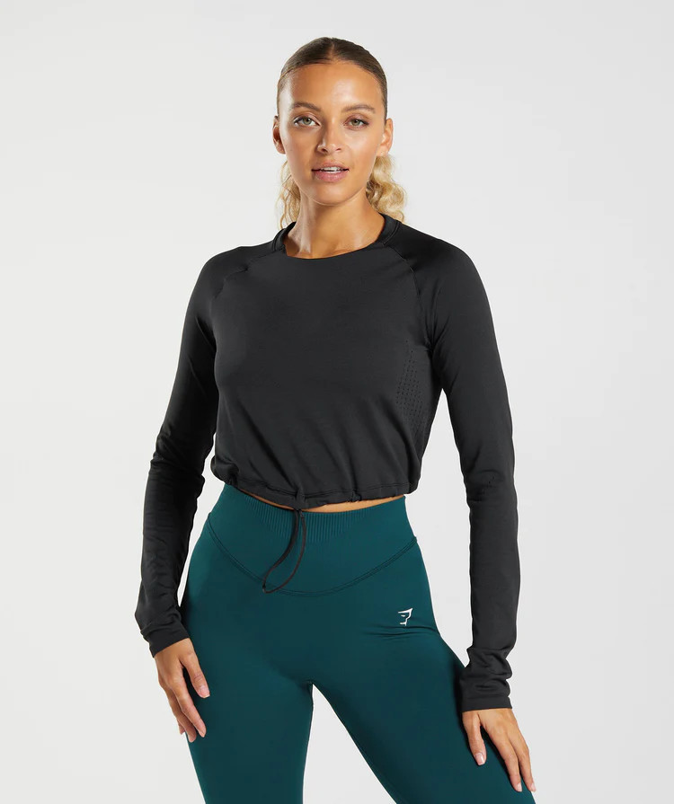 Gymshark Sweat Seamless Long Sleeve Crop Top - Black | Gymshark US