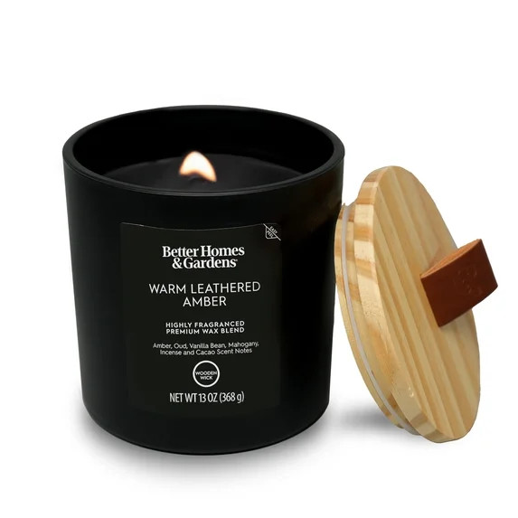 Better Homes & Gardens 13oz Warm Leathered Amber Scented Wooden Wick Jar Candle | Walmart (US)
