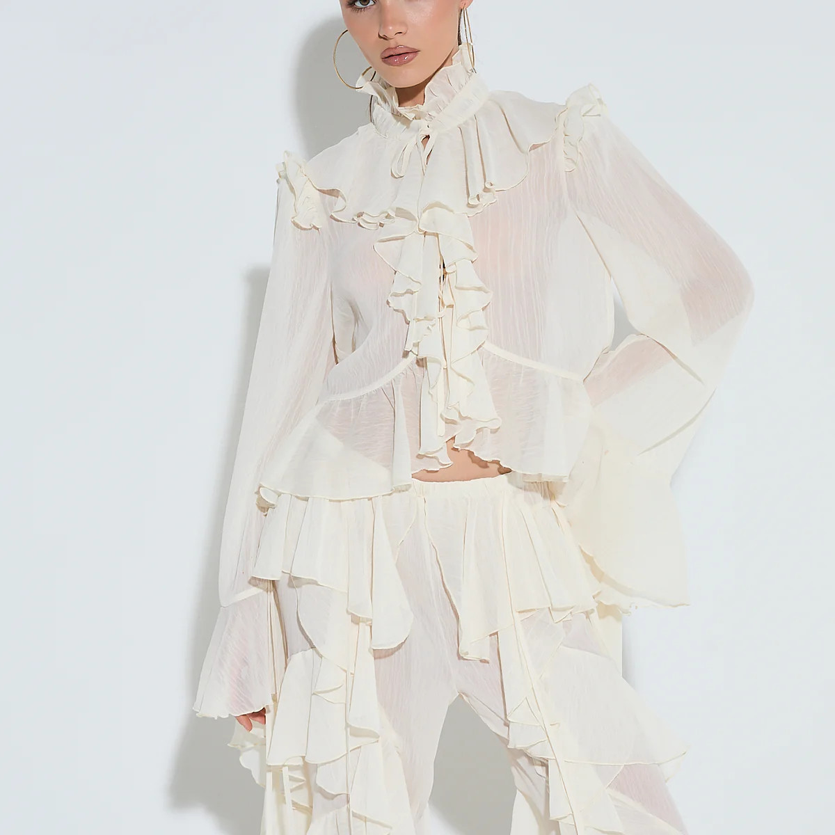 ARABELLA Cream Tie Ruffle Shirt | Noughts and Kisses