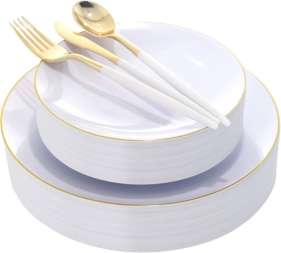 DaYammi 30 Guests Gold Plastic Plates with Disposable Silverware,Gold Cutlery with White Handle,W... | Amazon (US)