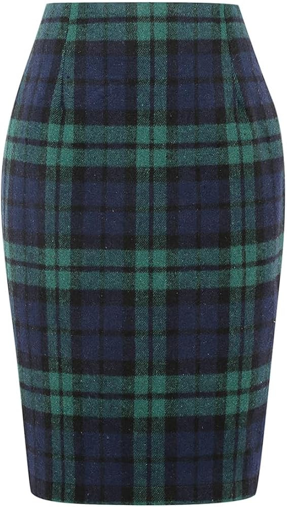 Kinghua Womens Wool Plaid Pencil Skirt Fall Winter High Waisted Slit Bodycon Knee Length Midi Ski... | Amazon (US)