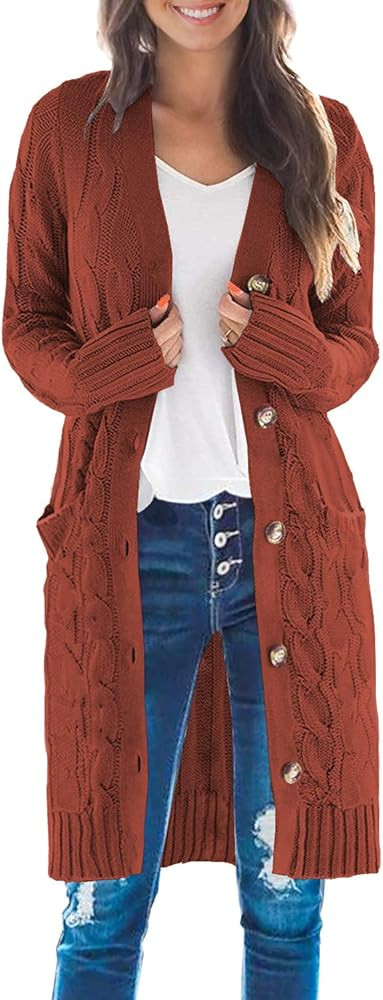 DOROSE Women's Long Sleeve Cable Knit Sweater Button Open Front Cardigans Coat with Pockets | Amazon (US)