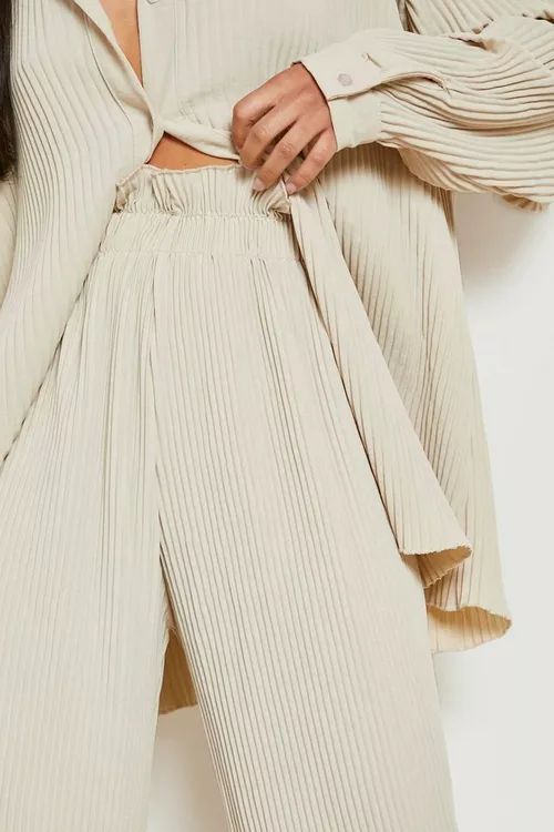 Petite Paperbag Waist Plisse Trouser | Boohoo.com (US & CA)