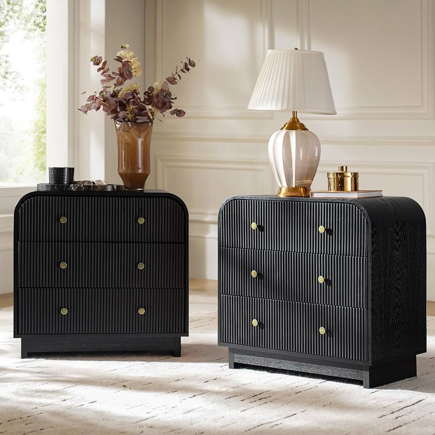 HULALA HOME Fluted Storage End Tables Set of 2 with Charging Station, Modern 3 Drawer Wood Side T... | Amazon (US)