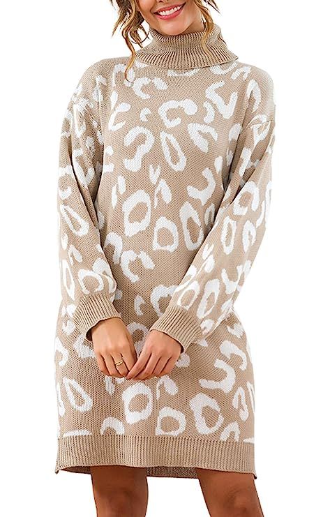PRETTYGARDEN Women’s Fashion Leopard Print Lantern Long Sleeve Turtleneck Chunky Long Loose Kni... | Amazon (US)