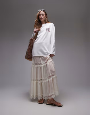 Topshop sheer maxi dress with lace inserts in ivory | ASOS (Global)