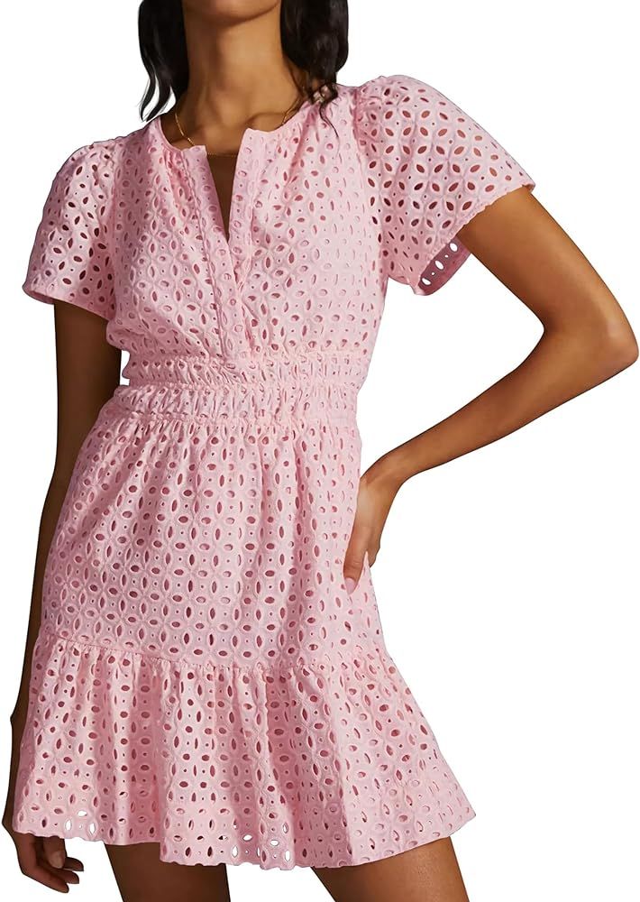 PRETTYGARDEN Womens 2024 Summer Short Dress V Neck Short Sleeve A Line Hollow Out Lace Ruffle Cut... | Amazon (US)