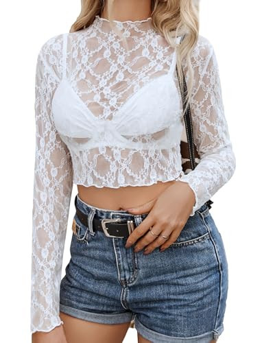 Avidlove Lace Tops for Women Long Sleeve Mesh Top Mock Neck Sheer Blouse Lace Shirt Layering Top White | Amazon (US)