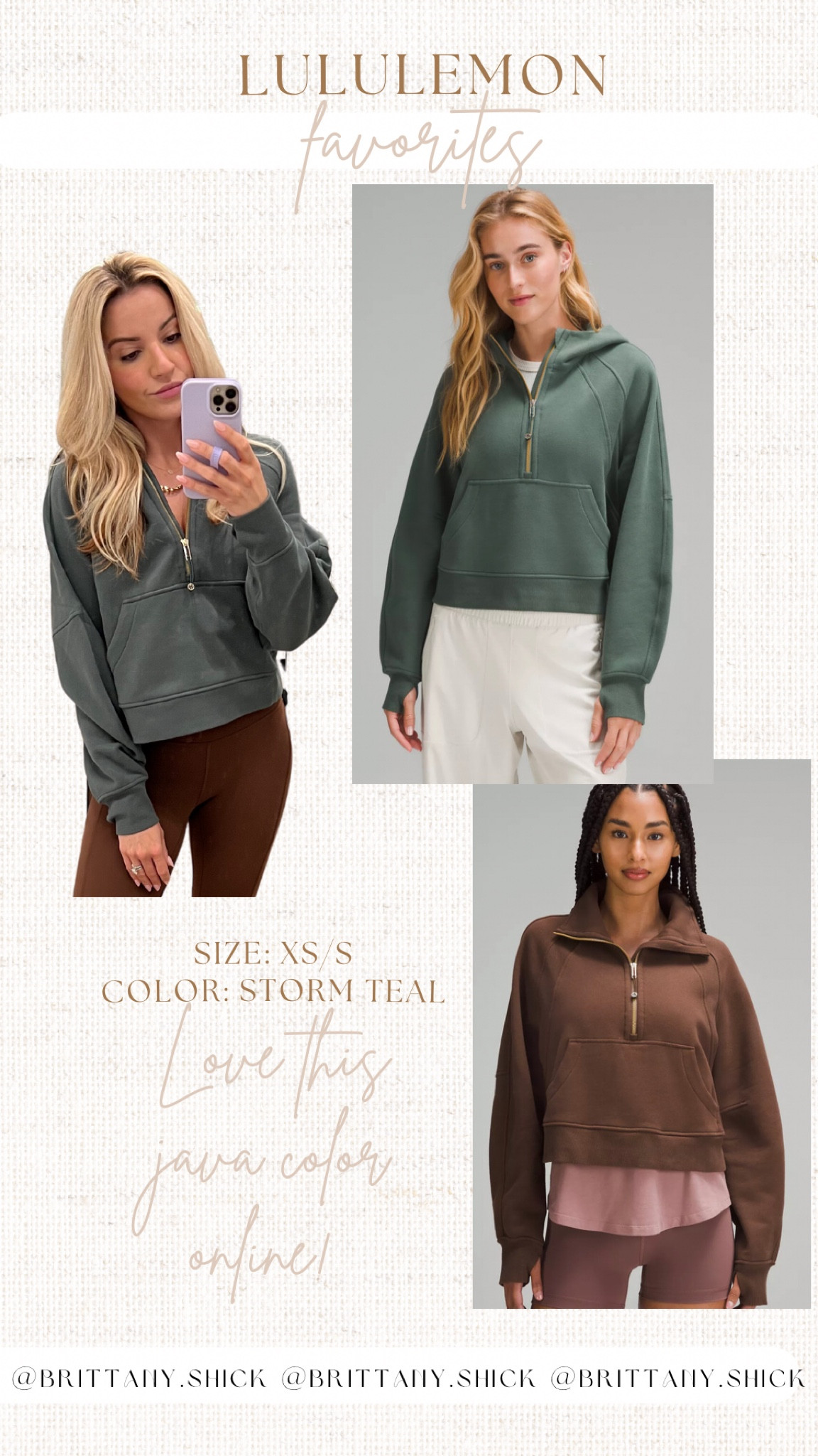 Lululemon Scuba Half Zip Hoodie Forrest Green Gold Half Zip Funnel Neck Java
Wearing: XS/S

#LTKSeasonal #LTKFitness #LTKtravel