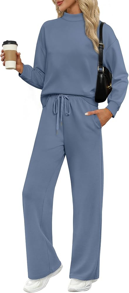 WIHOLL Two Piece Sets for Women Fall Outfits Lounge Sets Mock Neck Tops Wide Leg Pants Vacation T... | Amazon (US)